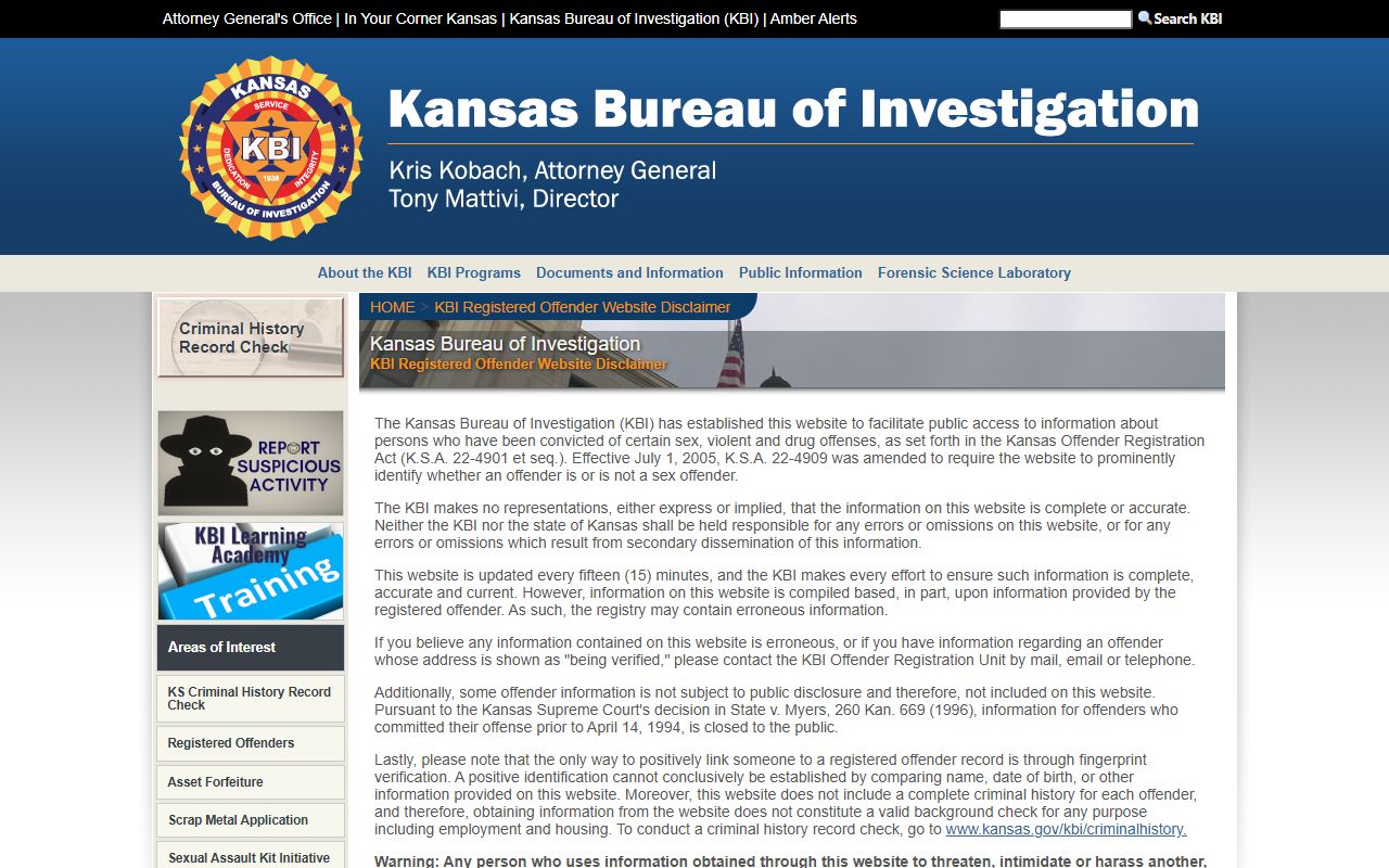 Doniphan County criminal court records KBI offender registry disclaimer