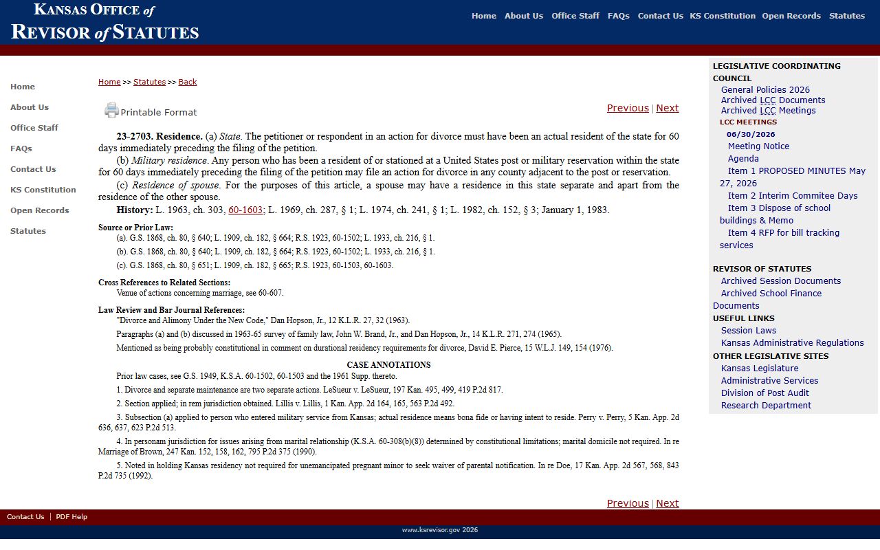 Doniphan County divorce records Kansas residency statute