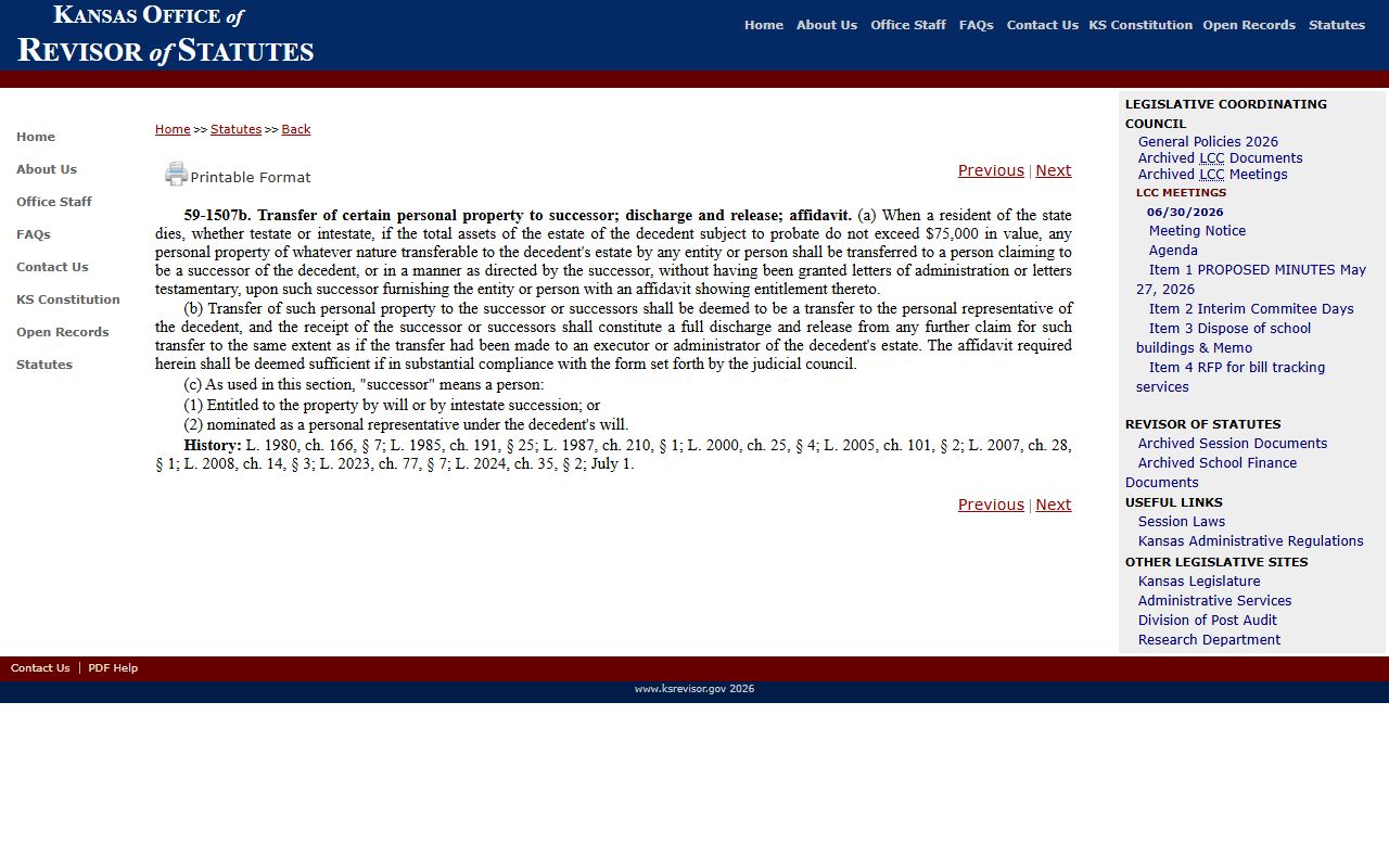 Doniphan County probate records Kansas small estate affidavit statute