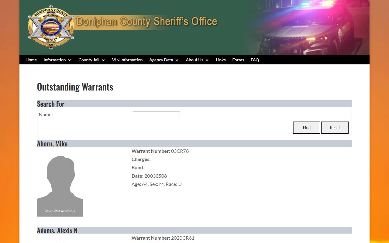 Doniphan County warrant search outstanding warrants page